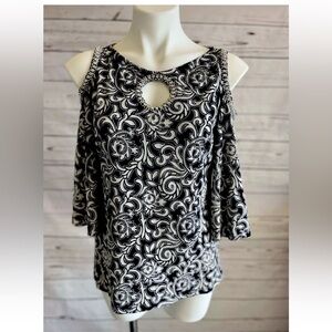 MSK Cold Shoulder Keyhole Blouse Blue White Paisley Print Women’s Top NWOT